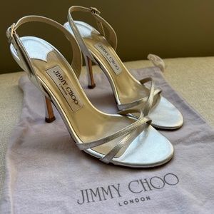 Jimmy Choo silver metallic heeled sandals. Size 35.5. Includes dust bag.